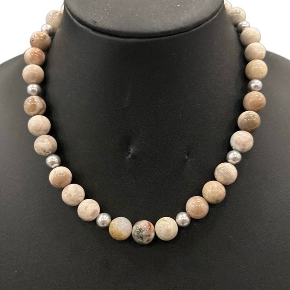 Vtg Bohemian Style Jasper Stone Beaded Necklace Women's 18" Tan Polished Beads - Picture 3 of 6